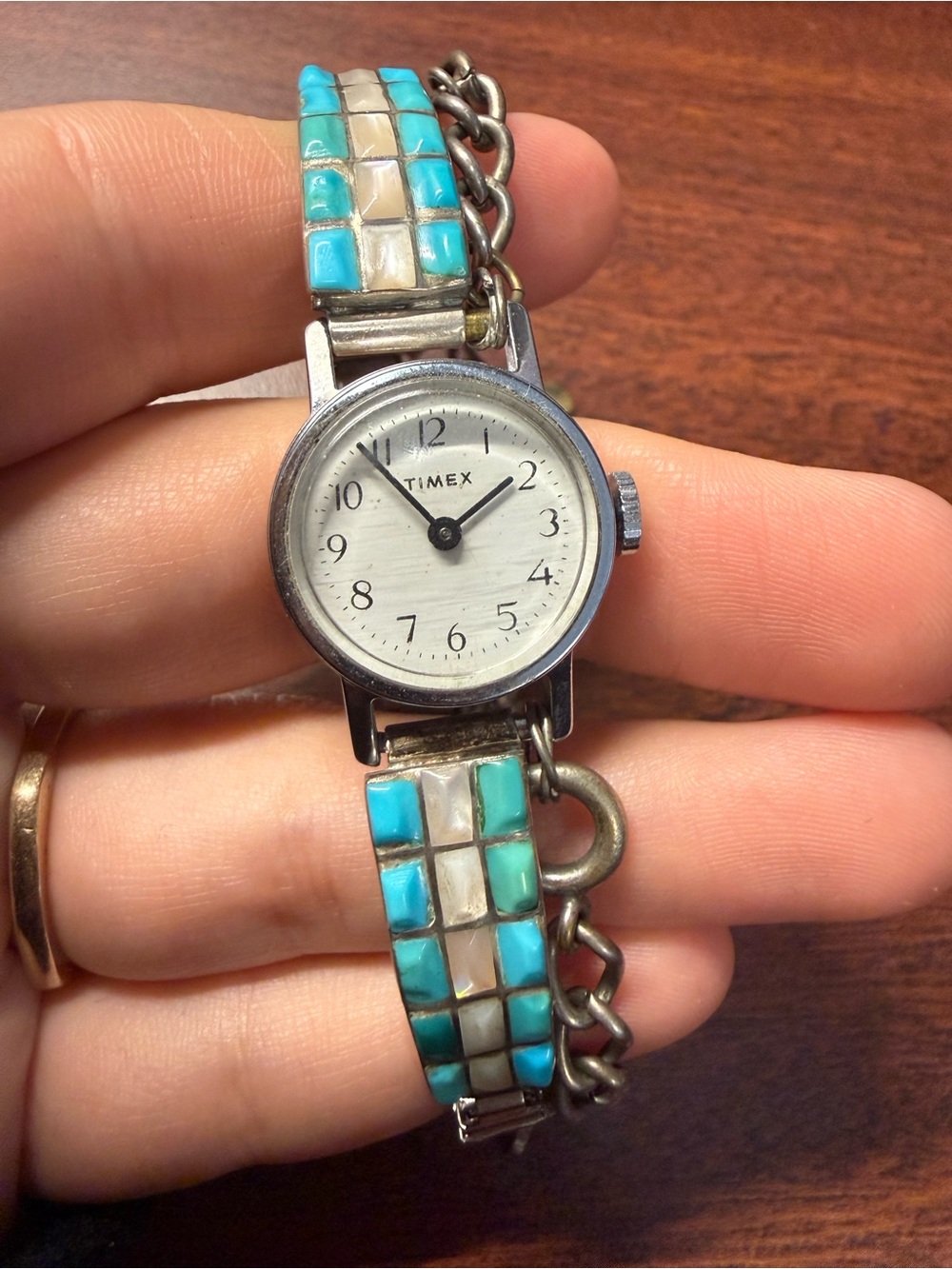 Timex Women's Silver Watch with Turquoise and Cream Inlay Bracelet